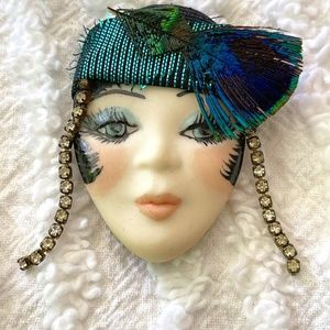 Flapper girl porcelain painted brooch